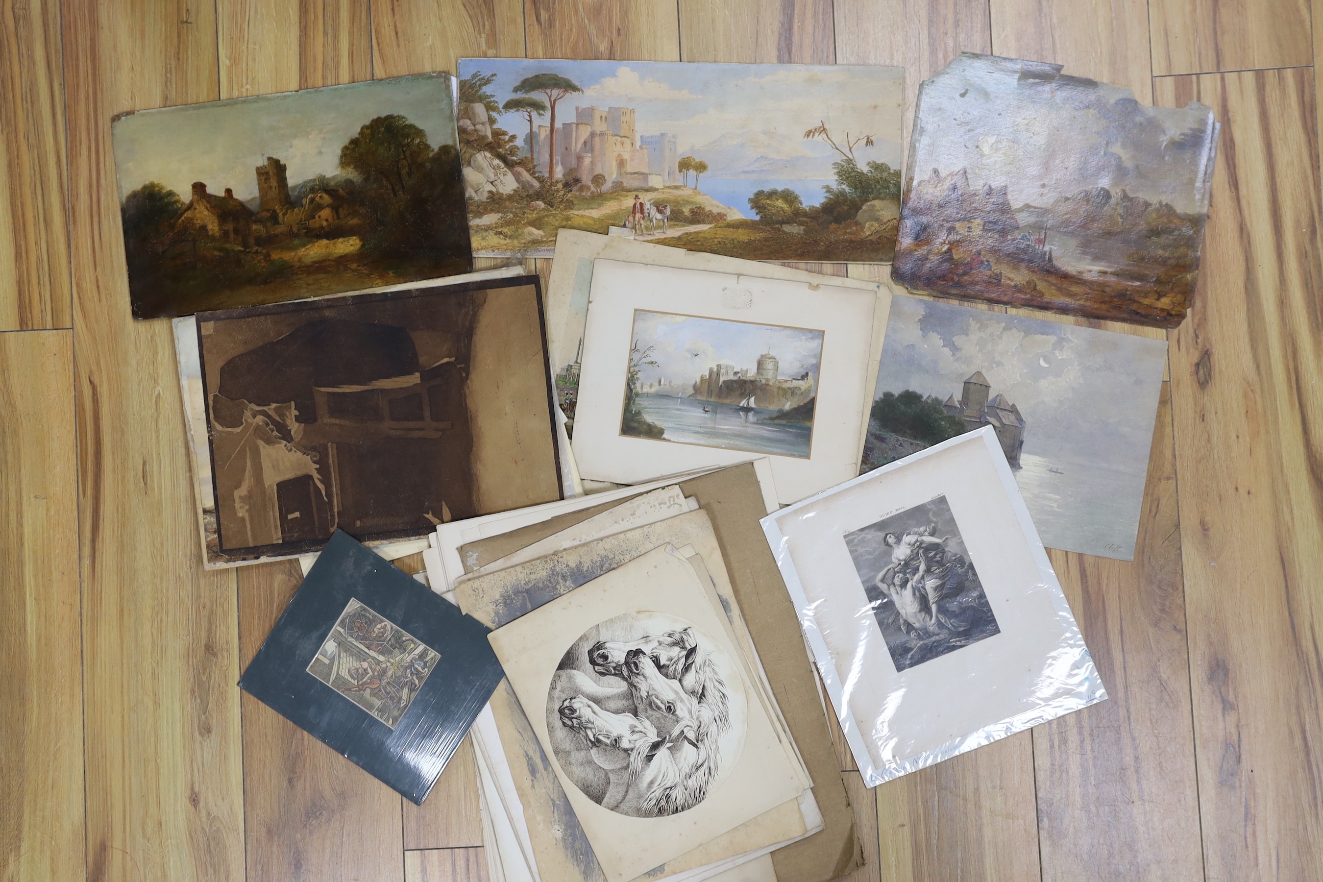 A group of assorted paintings and prints, mostly 19th century, Topographical scenes and figure studies including an oil on board view of a village and church by Joseph Horlor, 21.5 x 35cm, all unframed